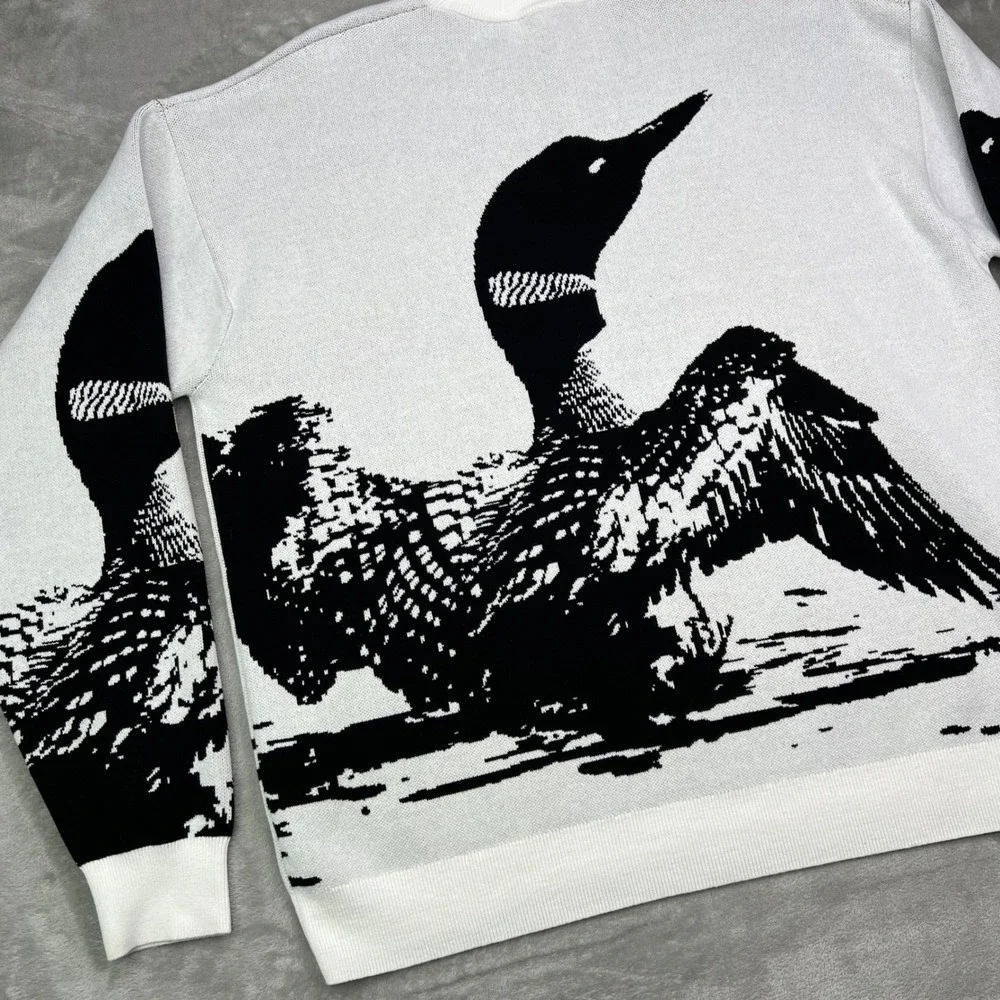 Waggle Loon Call Wildknit Crewneck‎ Sweater Mens XL White Black Bird Graphic - Picture 6 of 11